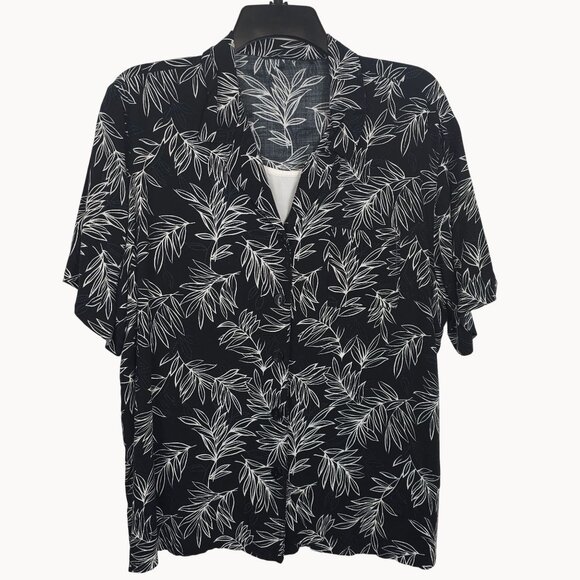 Erik Women's LG ?* Black/White Botanical Short Sleeve Button Down Blouse Top - Picture 1 of 7